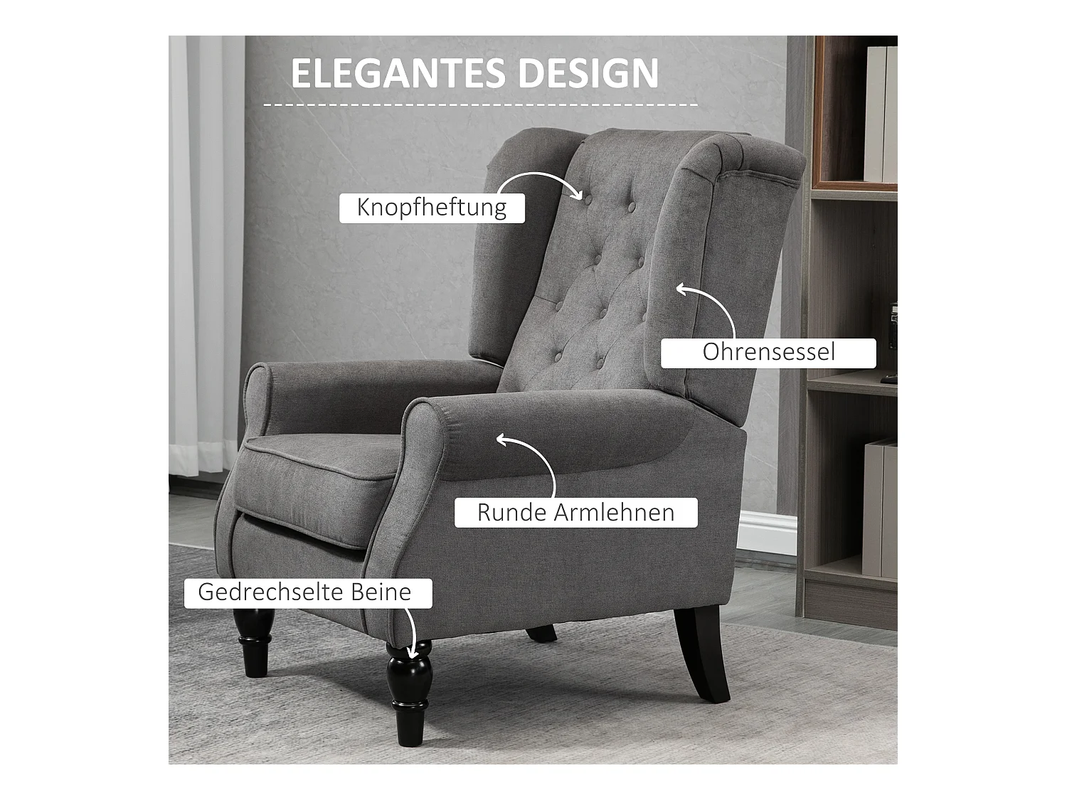 Sillón de poliéster con respaldo capitoné y patas de madera para salón y dormitorio, color gris oscuro