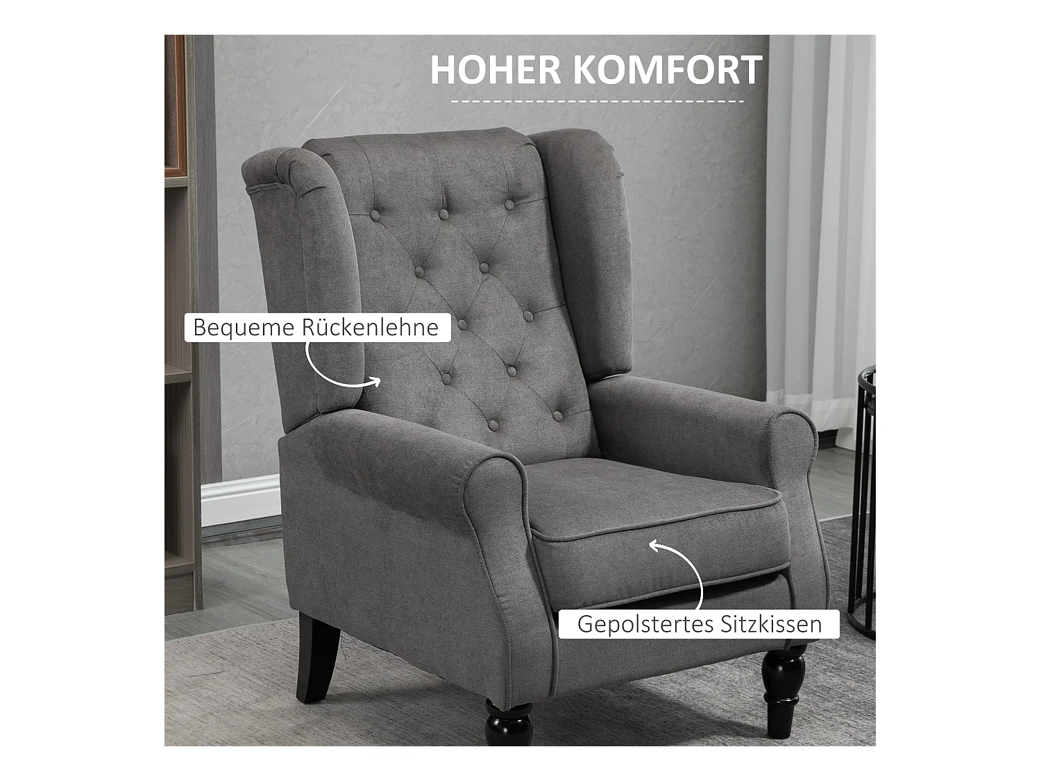 Sillón de poliéster con respaldo capitoné y patas de madera para salón y dormitorio, color gris oscuro