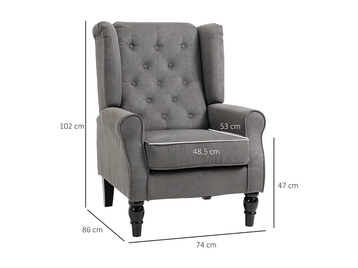 Fauteuil oreiller en polyester avec dossier capitonné et pieds bois pour salon et chambre gris foncé