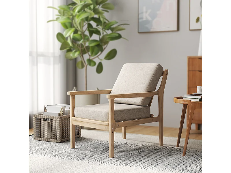 Sedia lounge lin avec accoudoirs coussins amovibles bois pour salon chambre beige 62x82x82 cm