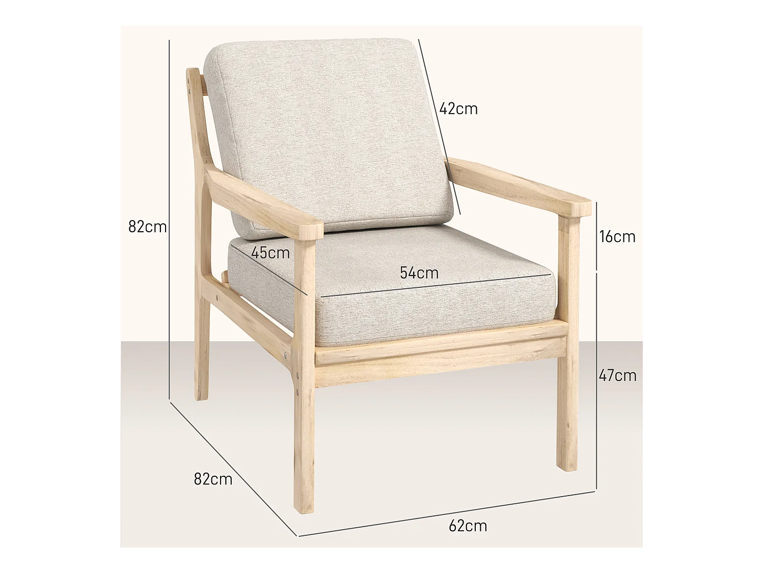 Sillón de lino con reposabrazos y cojines de madera extraíbles para salón o dormitorio, color beige, 62 x 82 x 82 cm.