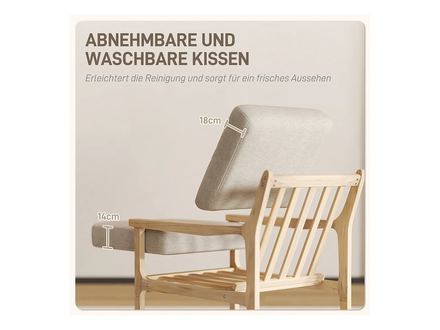 Sillón de lino con reposabrazos y cojines de madera extraíbles para salón o dormitorio, color beige, 62 x 82 x 82 cm.