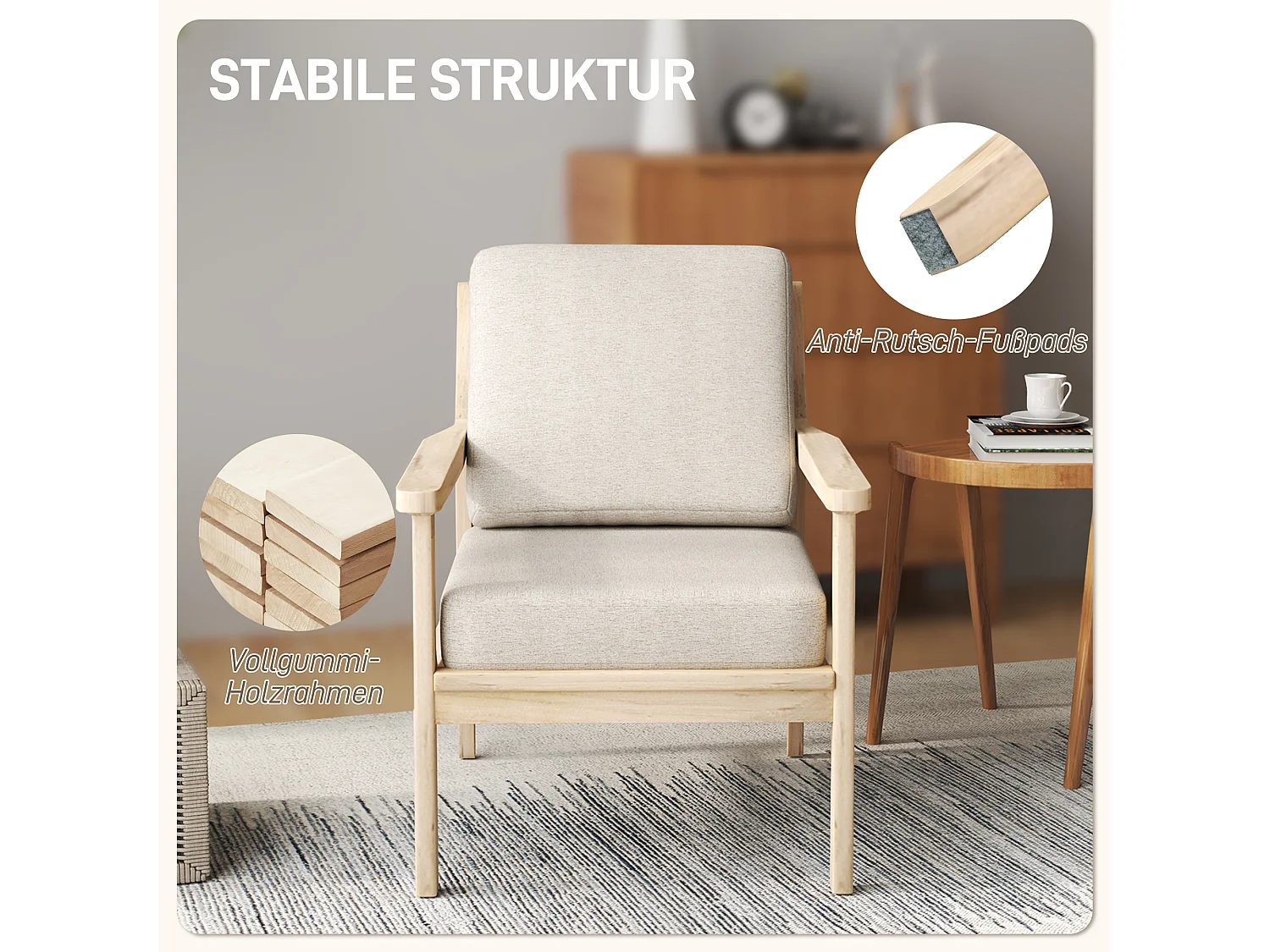 Fauteuil lounge lin avec accoudoirs coussins amovibles bois pour salon chambre beige 62x82x82 cm