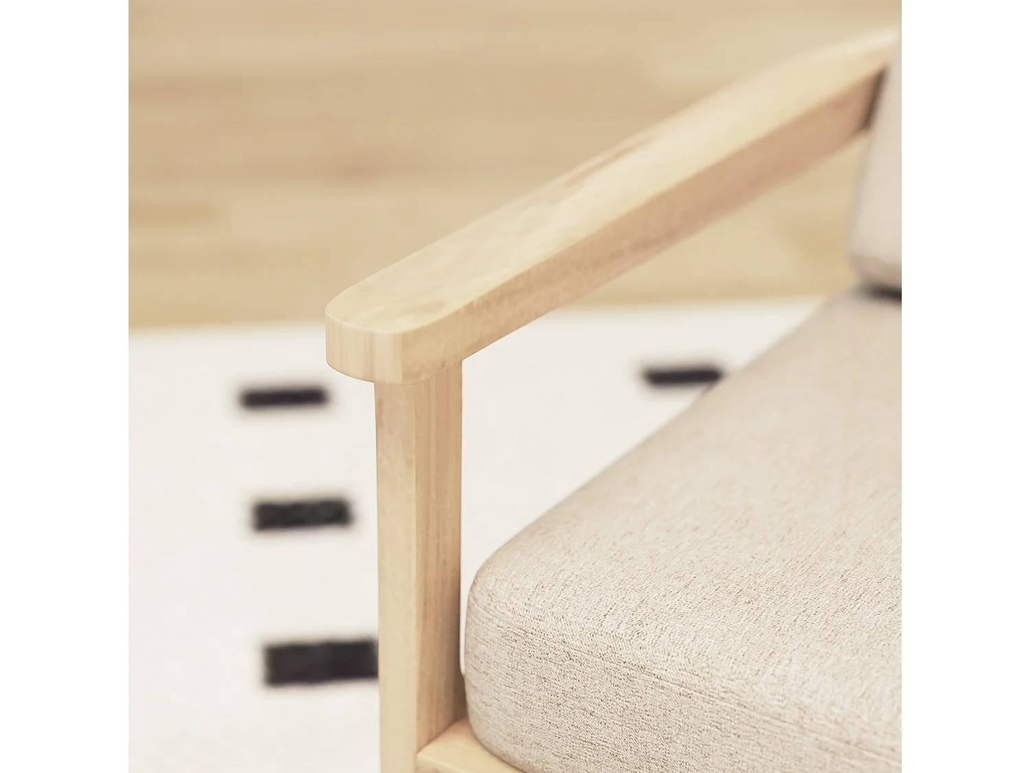 Fauteuil lounge lin avec accoudoirs coussins amovibles bois pour salon chambre beige 62x82x82 cm