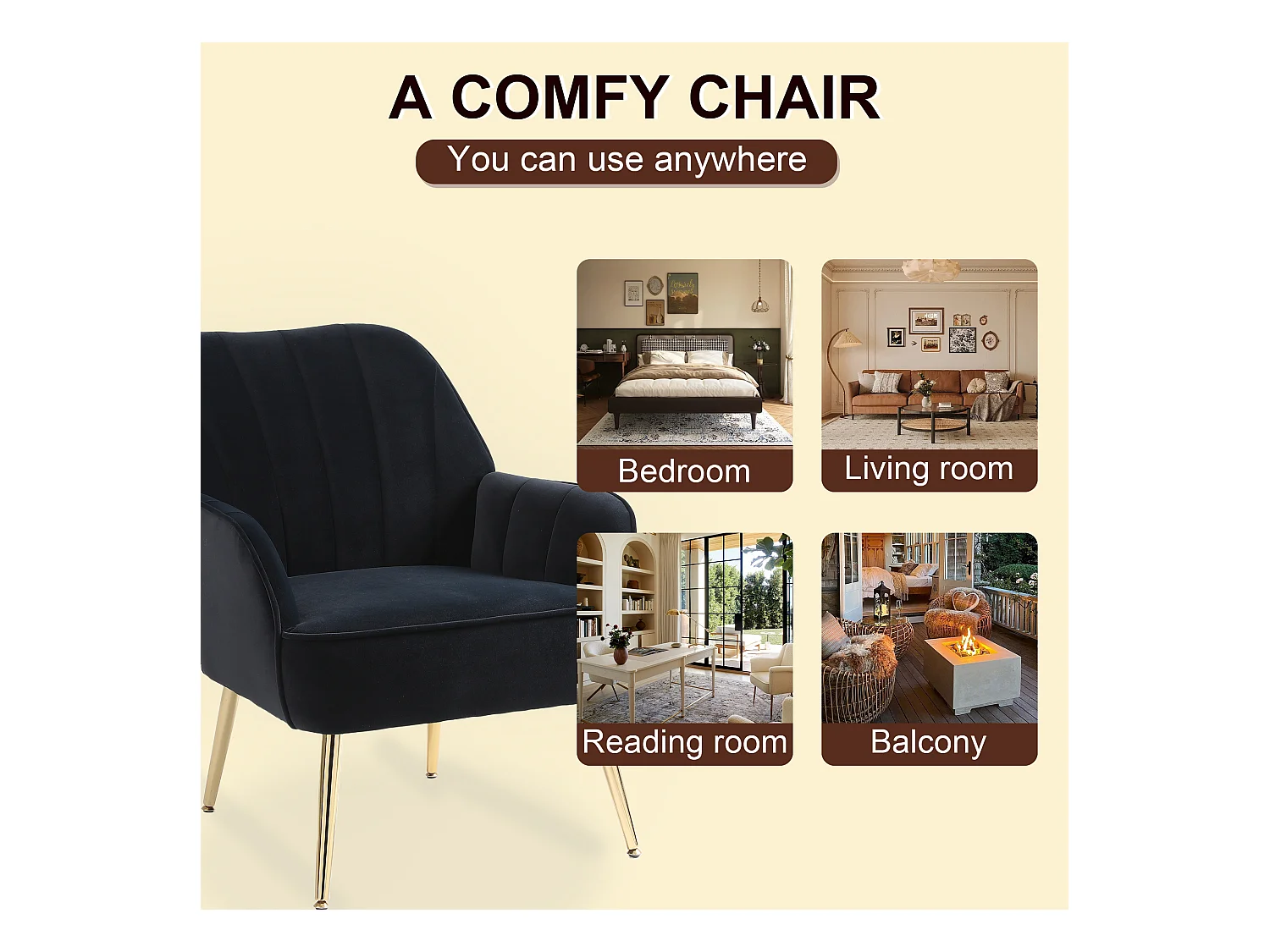 Sillón de terciopelo negro, diseño moderno, cómodo, para salón o oficina, 64 x 73 x 78 cm.