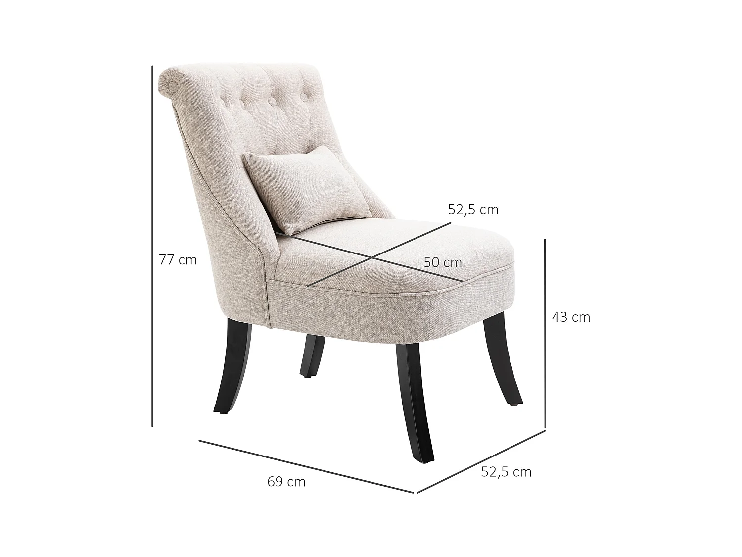 Fauteuil relax lin avec coussin assise confortable salon chambre pieds bois crème 52,5x69x77 cm
