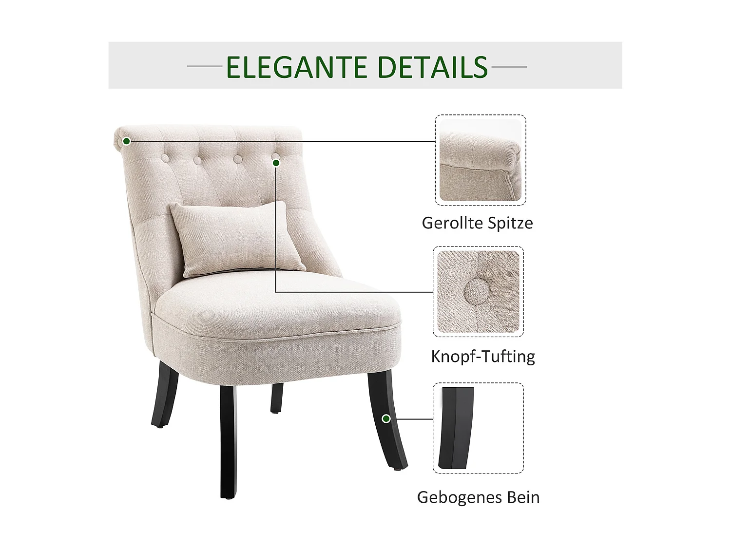 Sillón relax de lino con cómodo cojín de asiento para salón dormitorio patas de madera color crema 52,5x69x77 cm