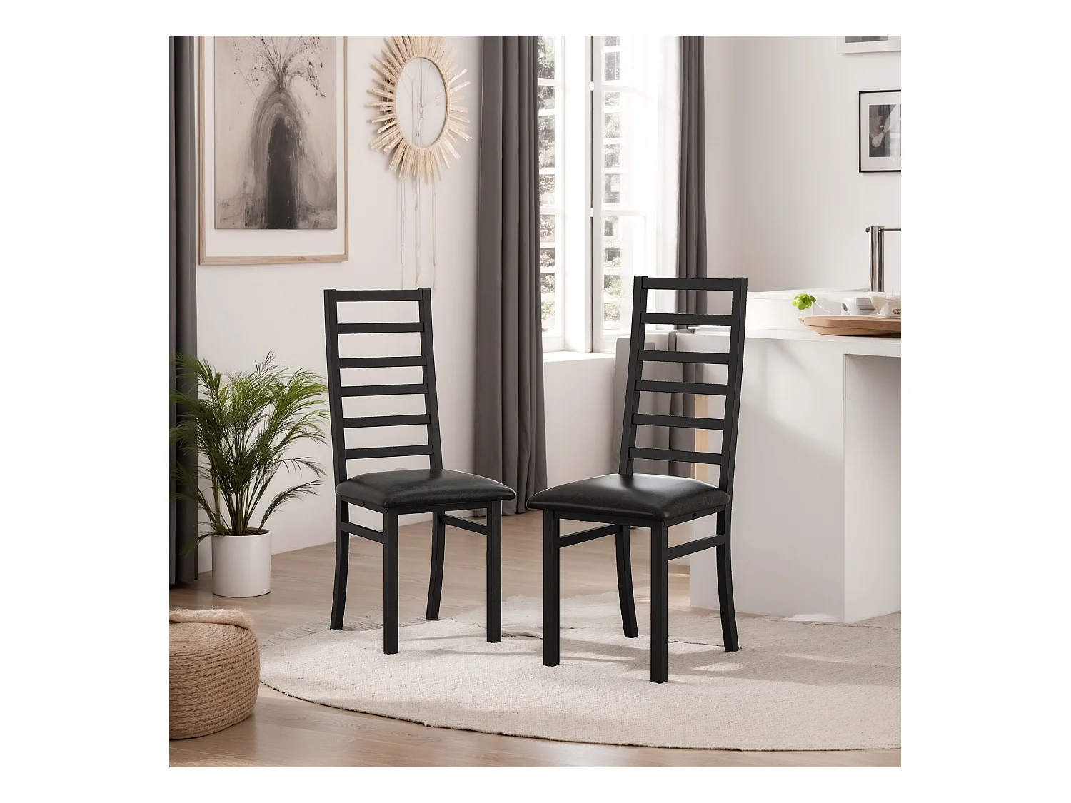 Conjunto de 2 cadeiras de jantar em metal e couro sintético, encosto para cadeira alta sem braços, preto