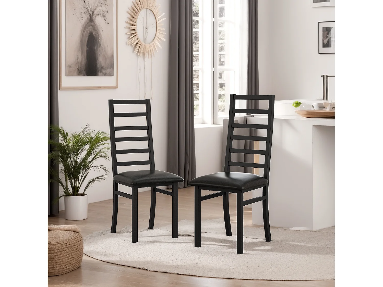 Chaises salle à manger lot de 2 en métal et simili cuir chaise haute dossier sans accoudoirs Noir