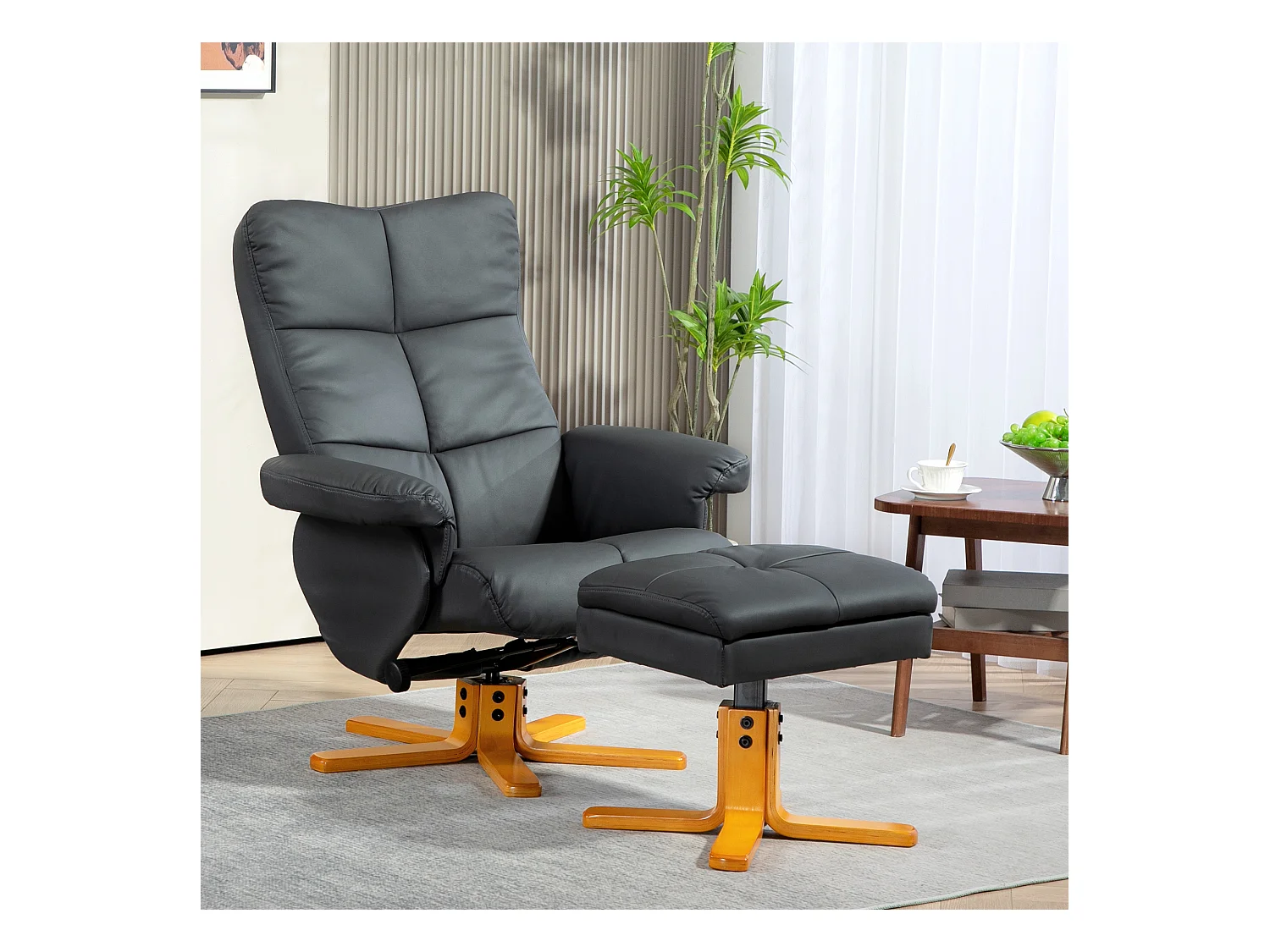 Sillón reclinable para TV con otomana en piel sintética, reclinable 360°, con espacio de almacenaje para salón, dormitorio, color gris oscuro
