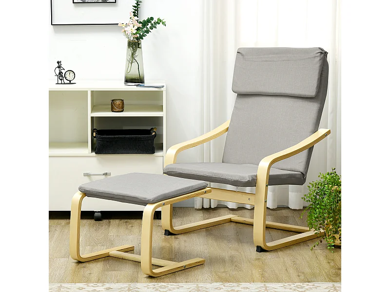 Conjunto de 2 poltronas de sala com apoio para os pés em linho poliéster braços cabeceira sala quarto cinza claro 66,5x80x99 cm