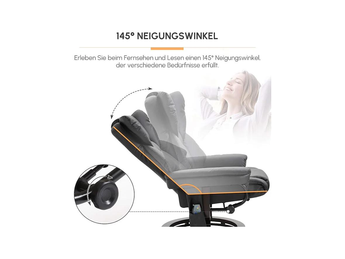 Poltrona relax in pelle con massaggio e pouf inclinabile 145° siège TV pivotant pour salon noir