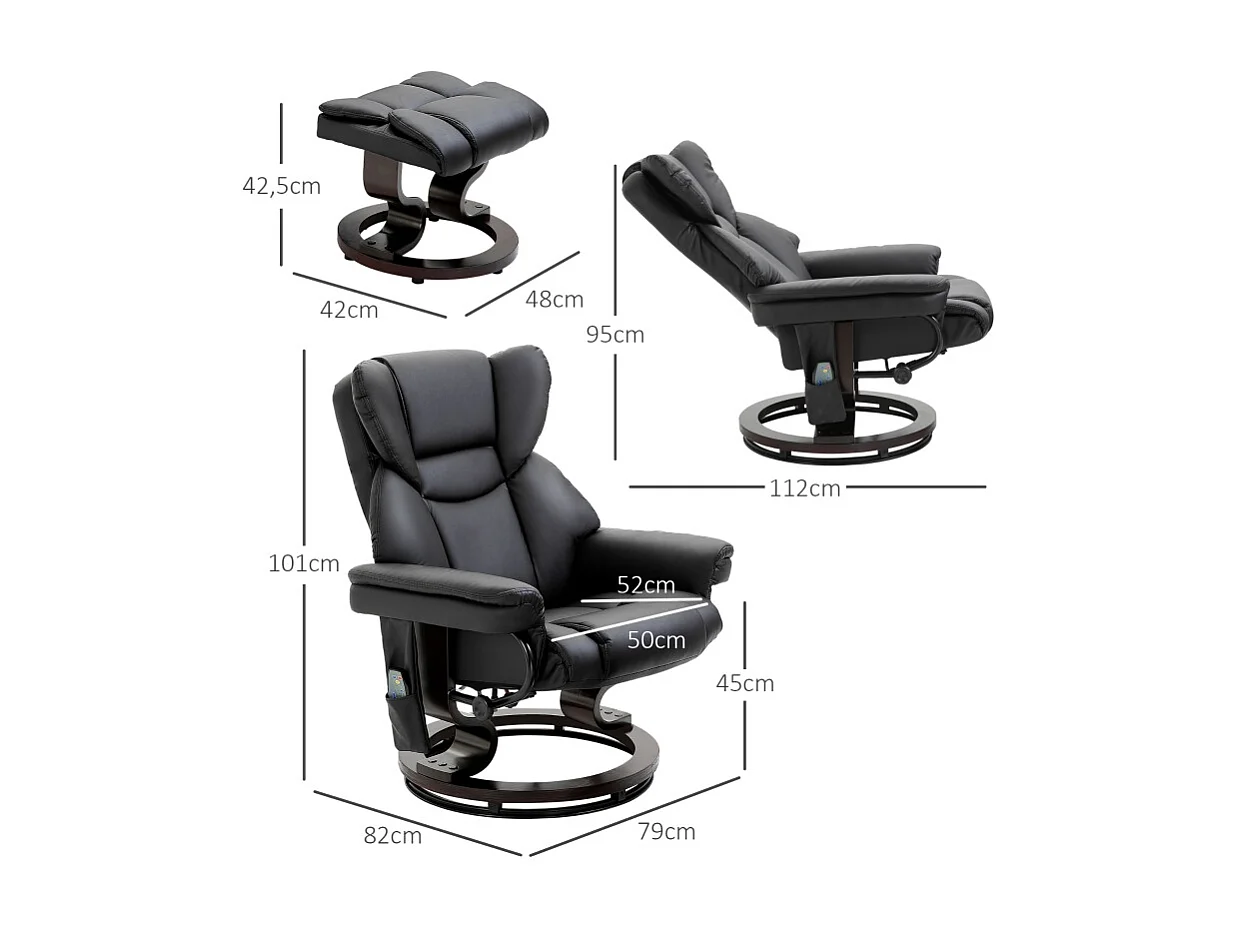 Poltrona relax in pelle con massaggio e pouf inclinabile 145° siège TV pivotant pour salon noir