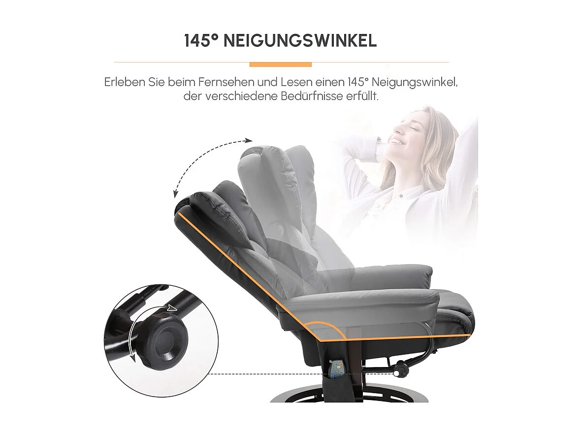 Poltrona relax in pelle con massaggio e pouf inclinabile 145° siège TV pivotant pour salon noir