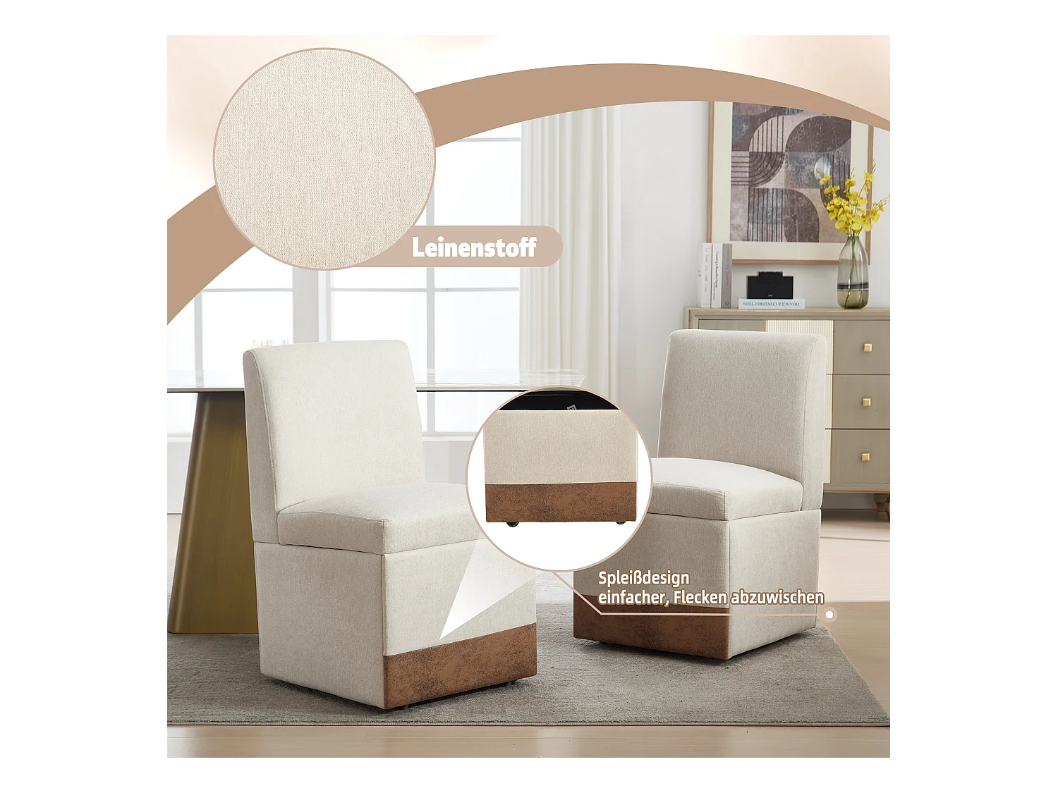 Chaises de salle à manger 2 pezzi girevoli con rangement tessuto moderno fauteuil senza braccioli café microsuede beige