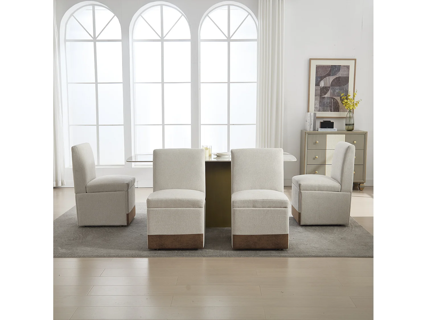 Sillas de comedor 2 piezas giratorias con almacenamiento, modernas, de tela, sin brazos, color café, microfibra, beige