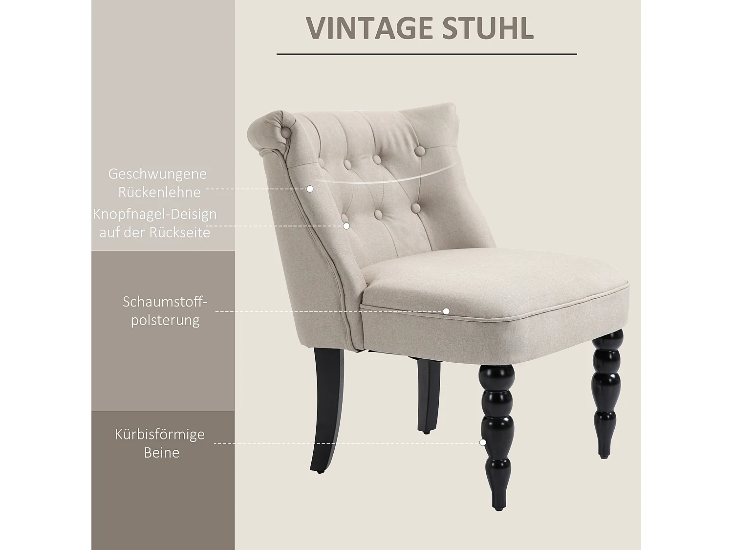 Fauteuil vintage en lin avec accoudoirs pour salon et salle à manger beige 67x67x78 cm