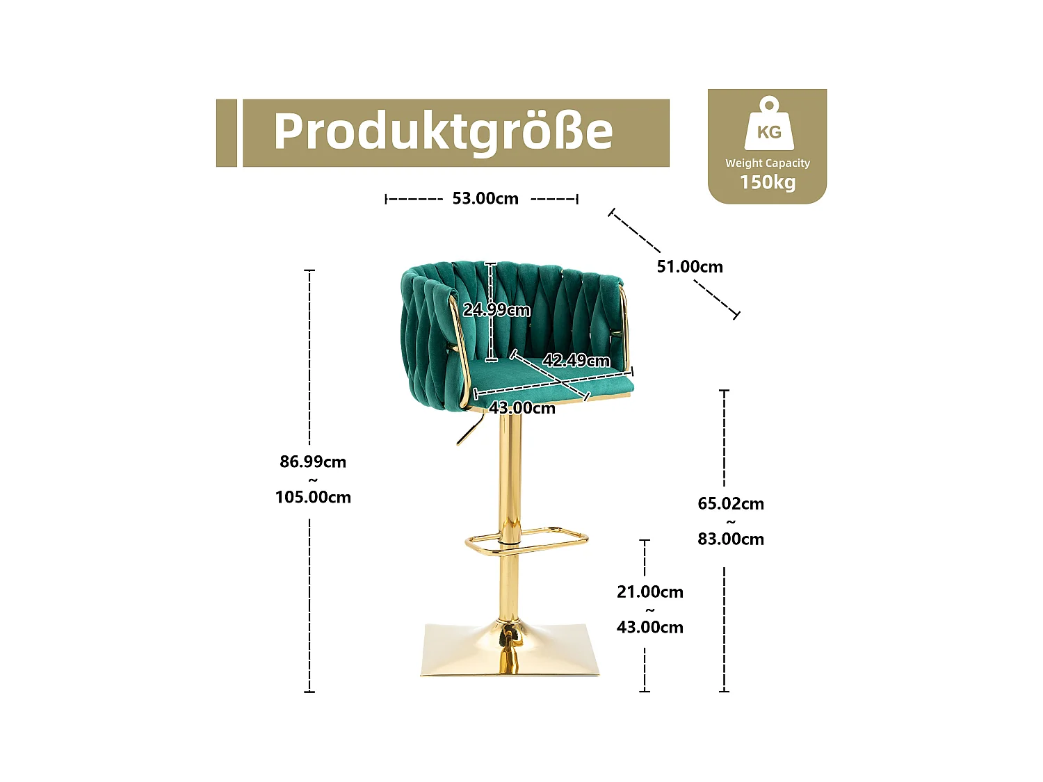 Tabouret de bar velours émeraude chaise haute pivotante réglable doré 2 pz 63-87cm