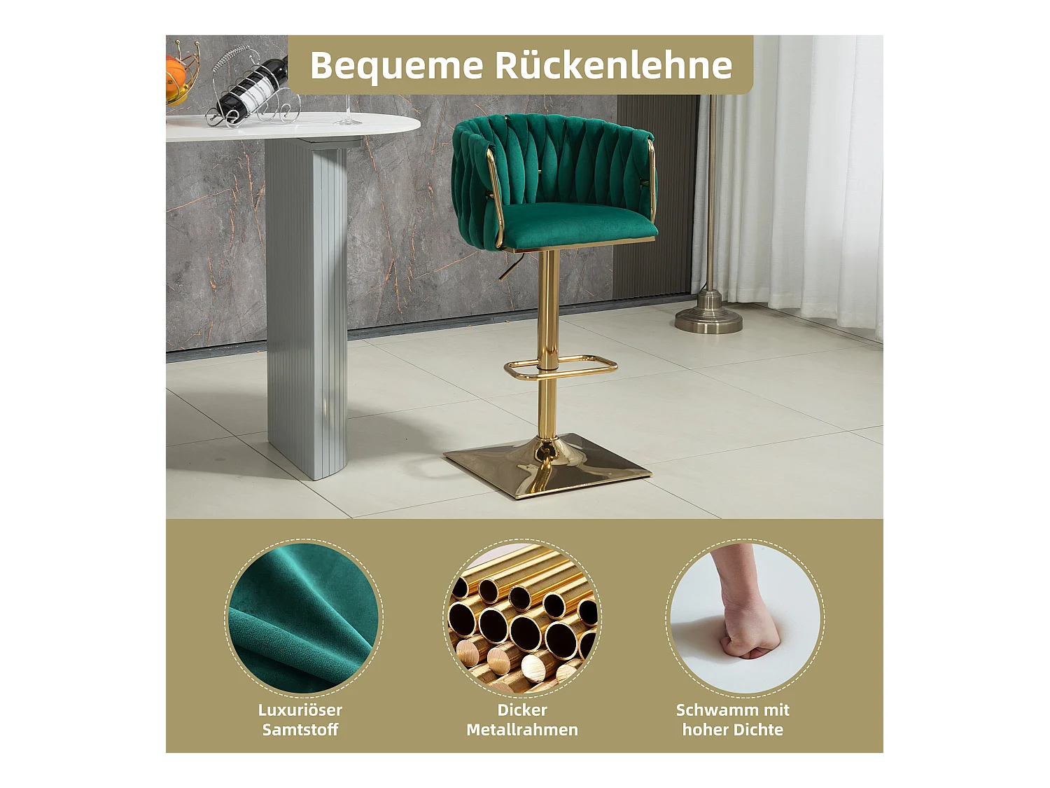 Tabouret de bar velours émeraude chaise haute pivotante réglable doré 2 pz 63-87cm