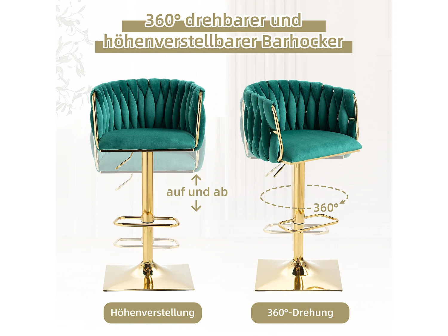 Tabouret de bar velours émeraude chaise haute pivotante réglable doré 2 pz 63-87cm