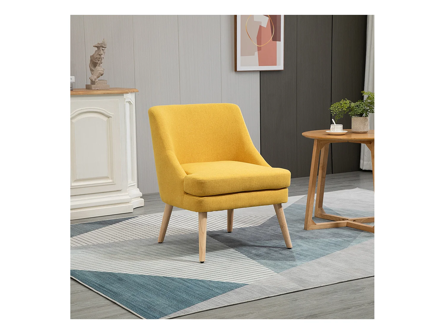 Silla de comedor con brazos en tela efecto lino madera para salón dormitorio amarillo