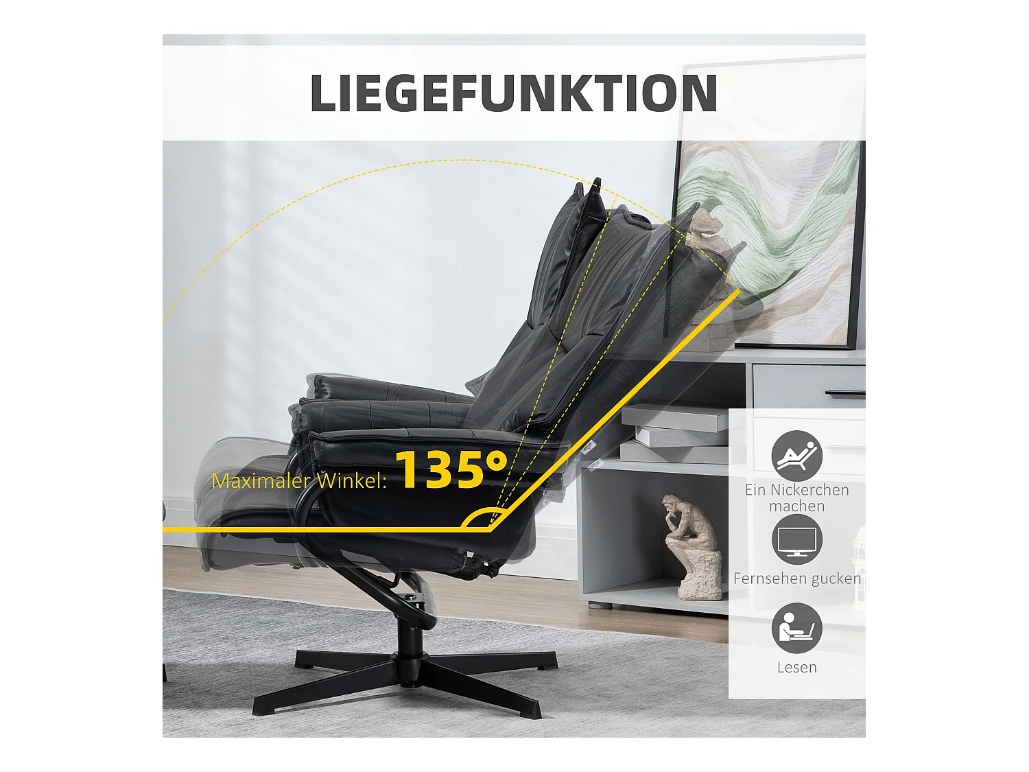 Sillón giratorio reclinable de polipiel con reposapiés reclinable para salón y dormitorio en color negro