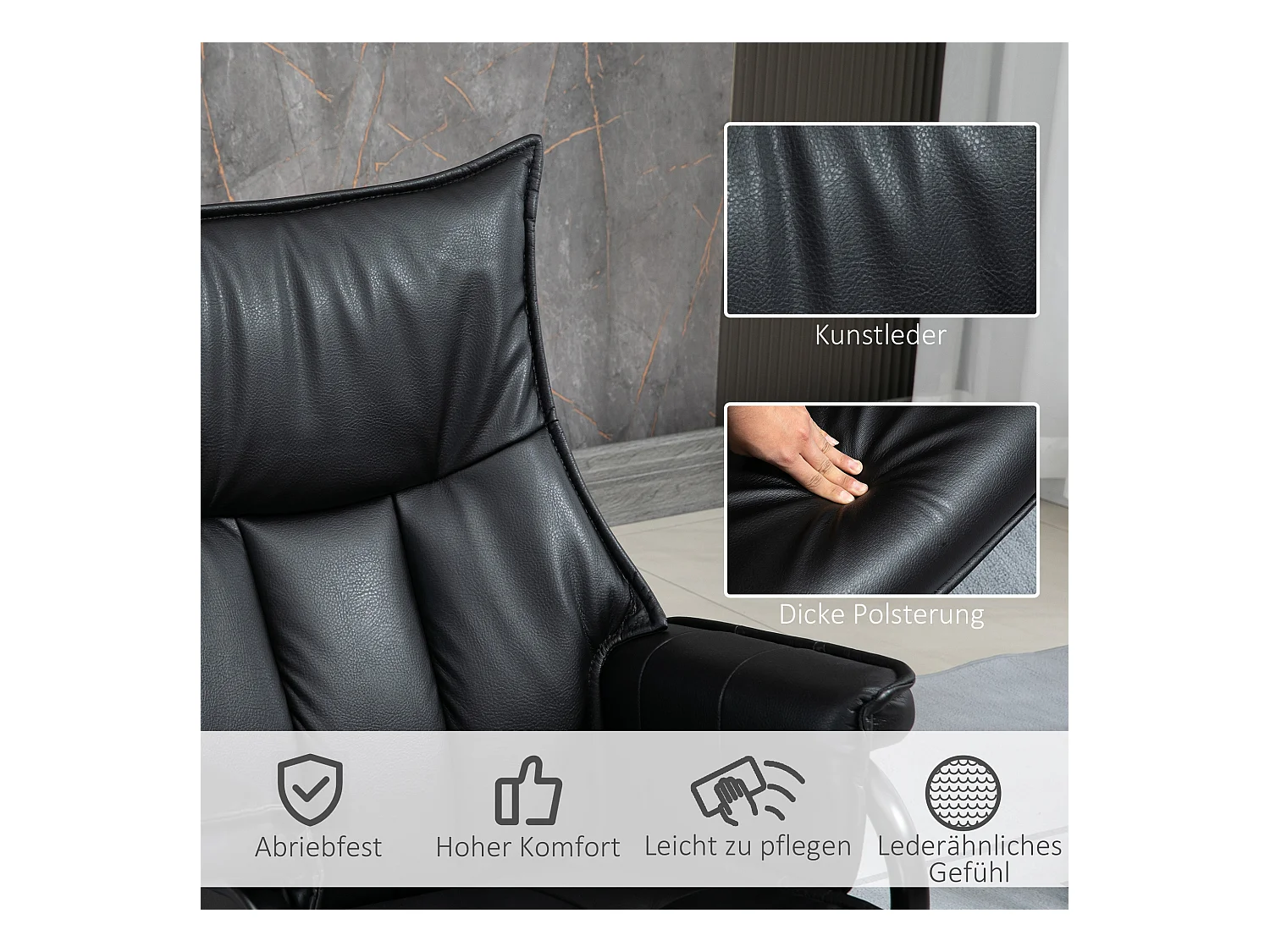 Sillón giratorio reclinable de polipiel con reposapiés reclinable para salón y dormitorio en color negro