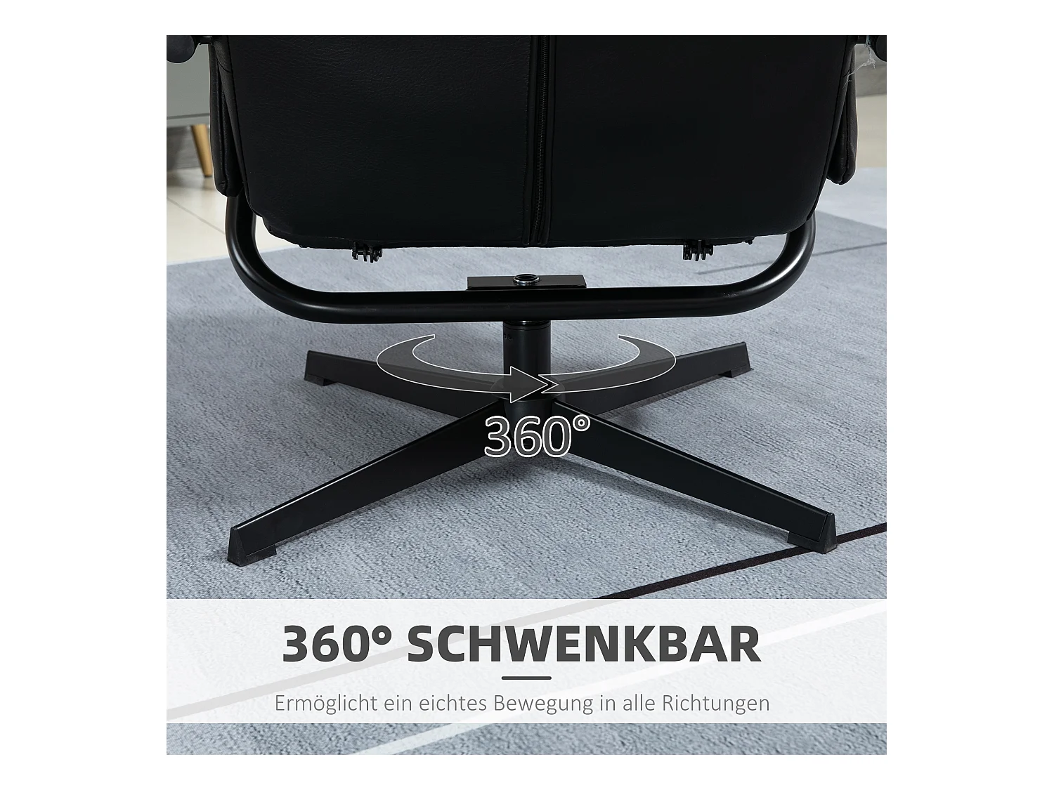 Sillón giratorio reclinable de polipiel con reposapiés reclinable para salón y dormitorio en color negro