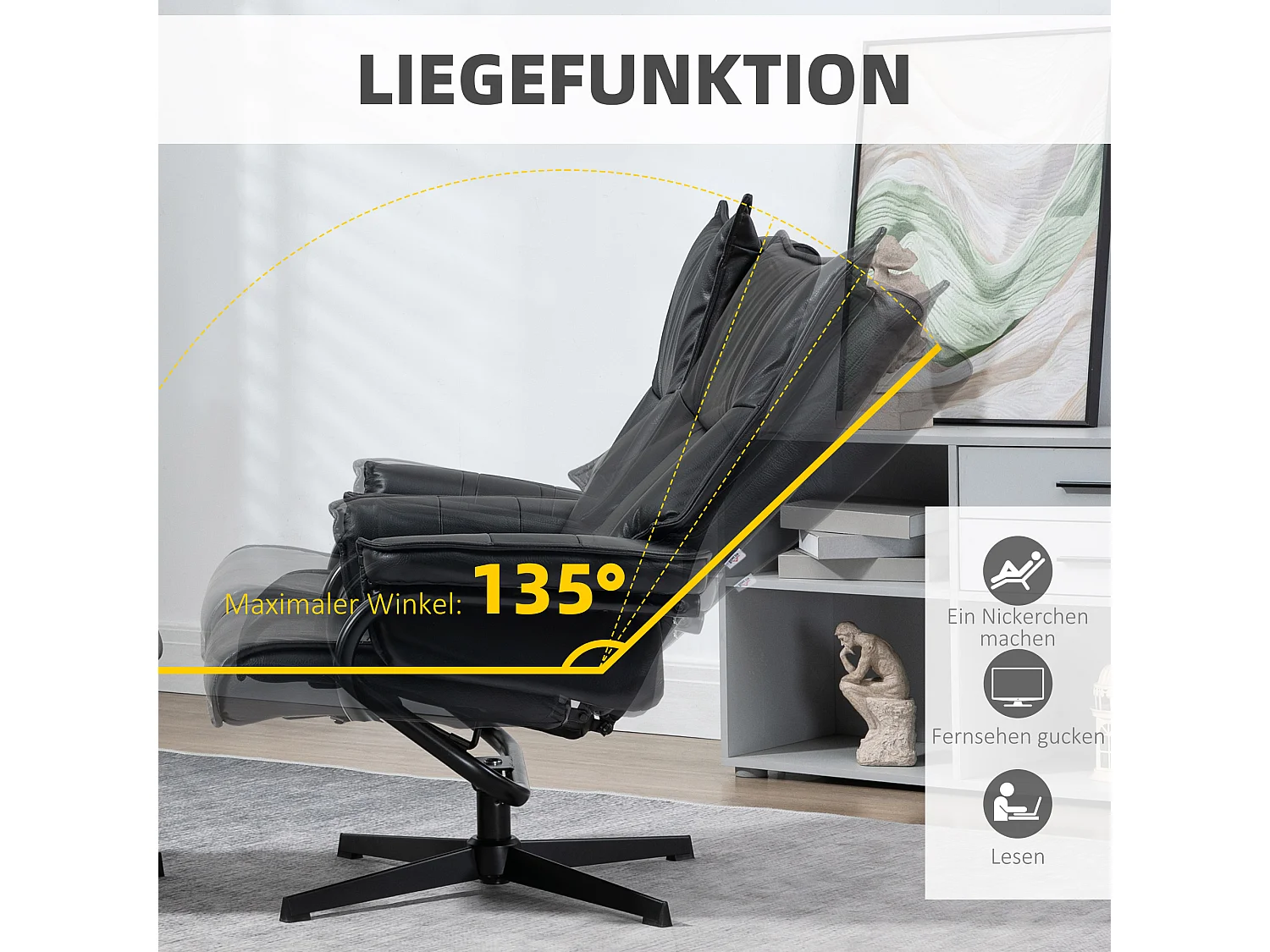 Sillón giratorio reclinable de polipiel con reposapiés reclinable para salón y dormitorio en color negro