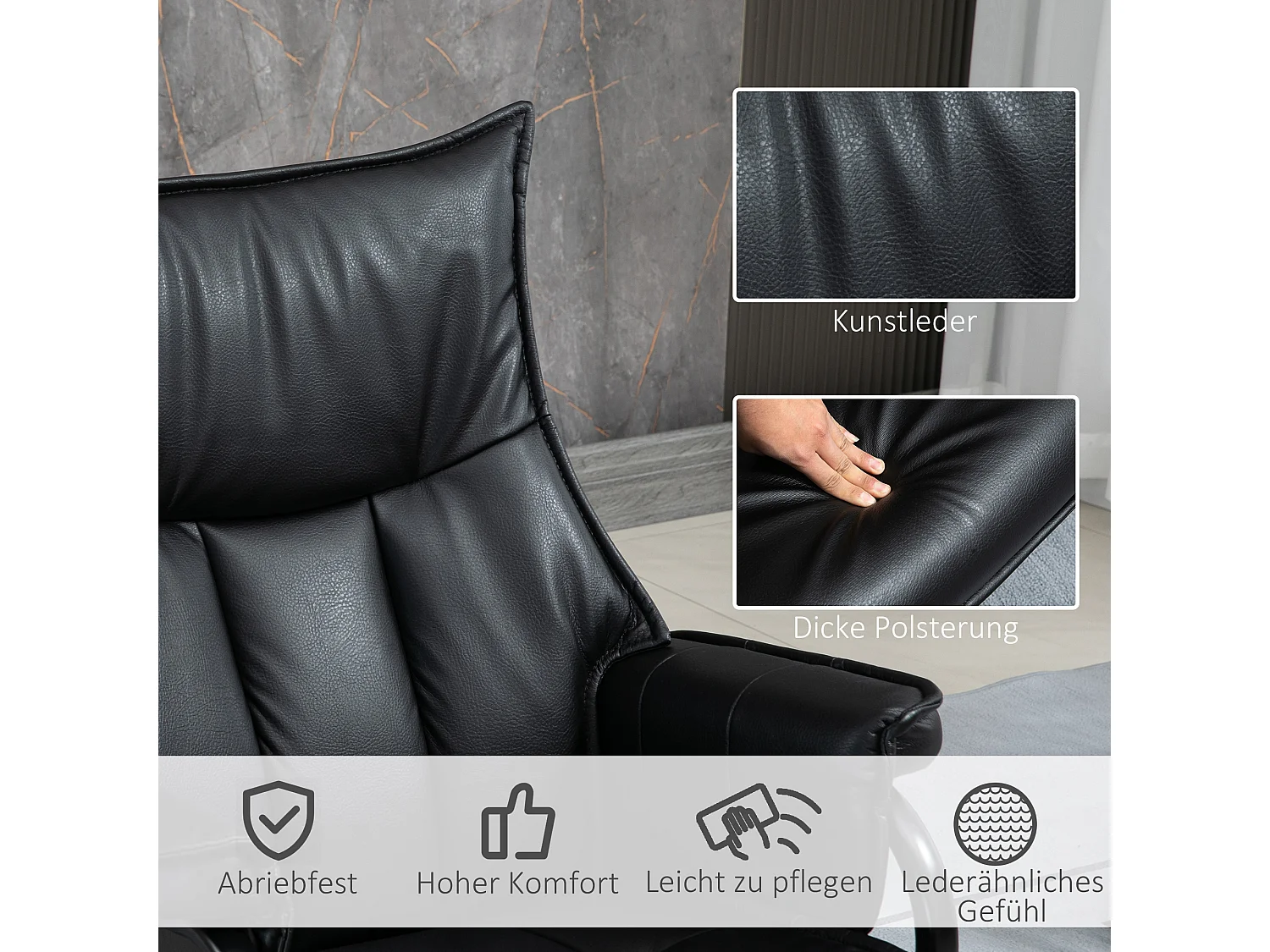 Sillón giratorio reclinable de polipiel con reposapiés reclinable para salón y dormitorio en color negro