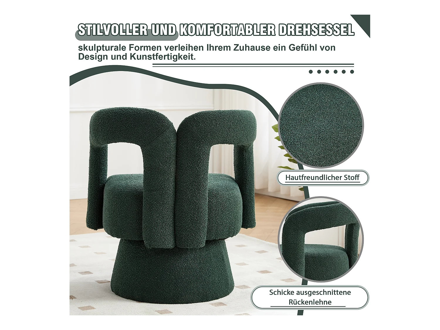 Silla giratoria de 360° con asiento acolchado y respaldo redondo para sala de estar y oficina, Smaragd