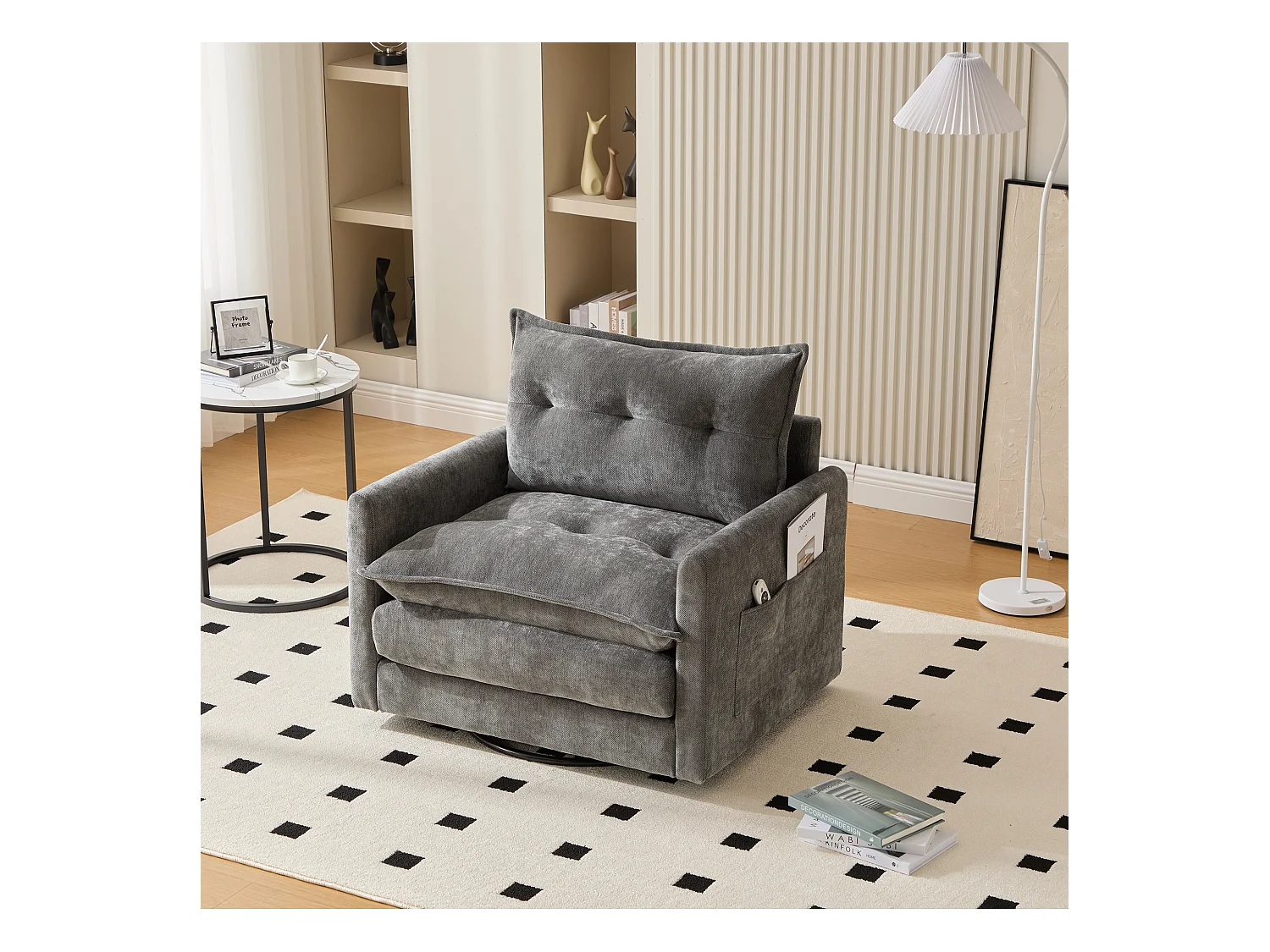 Cómoda silla giratoria de 360° de tela con reposabrazos para sala de estar, dormitorio, oficina, color gris.
