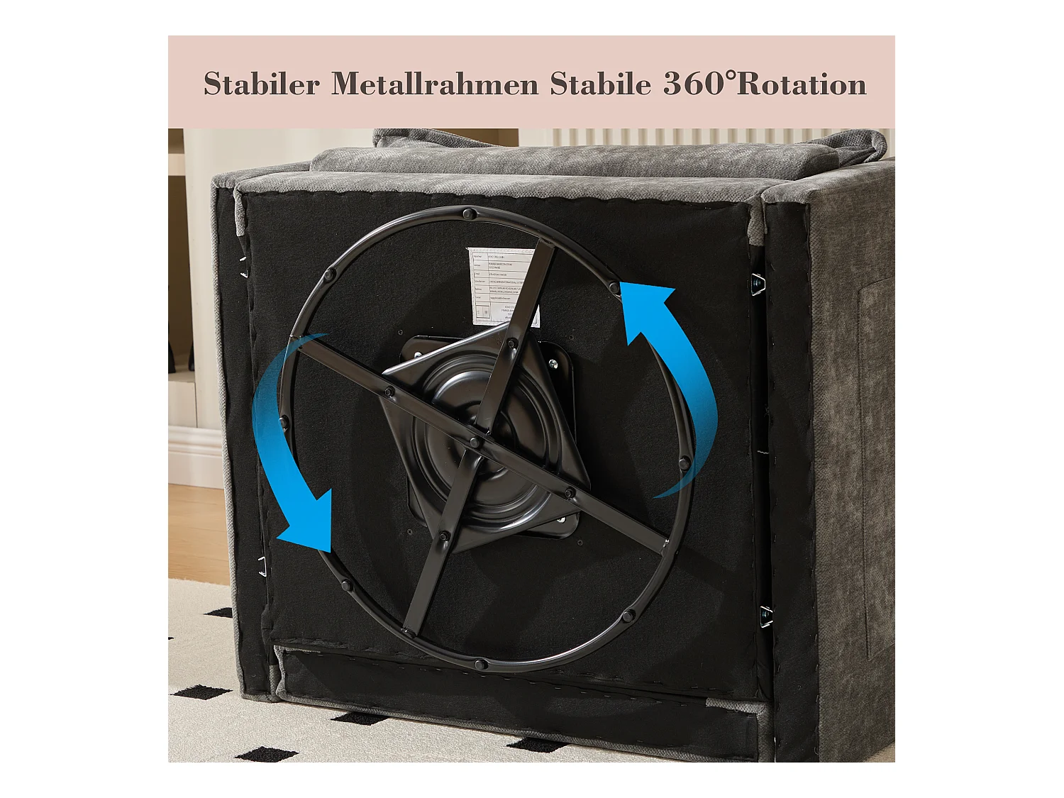 Cómoda silla giratoria de 360° de tela con reposabrazos para sala de estar, dormitorio, oficina, color gris.