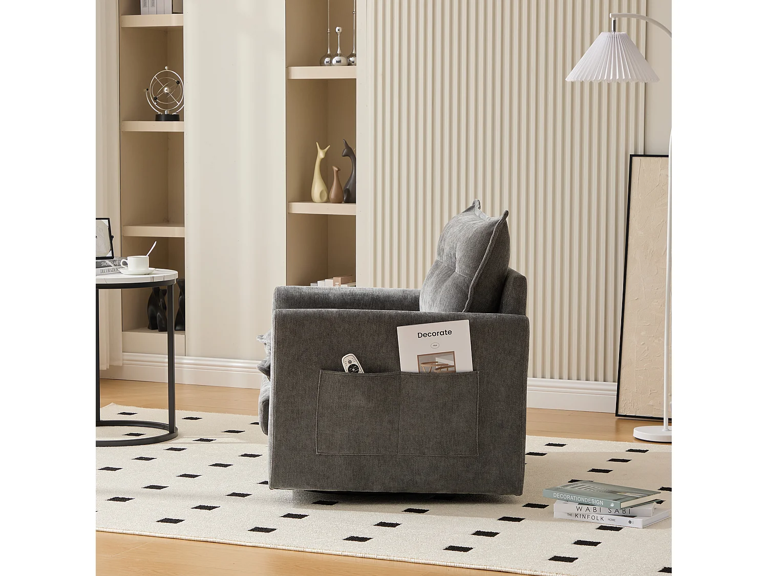 Cómoda silla giratoria de 360° de tela con reposabrazos para sala de estar, dormitorio, oficina, color gris.