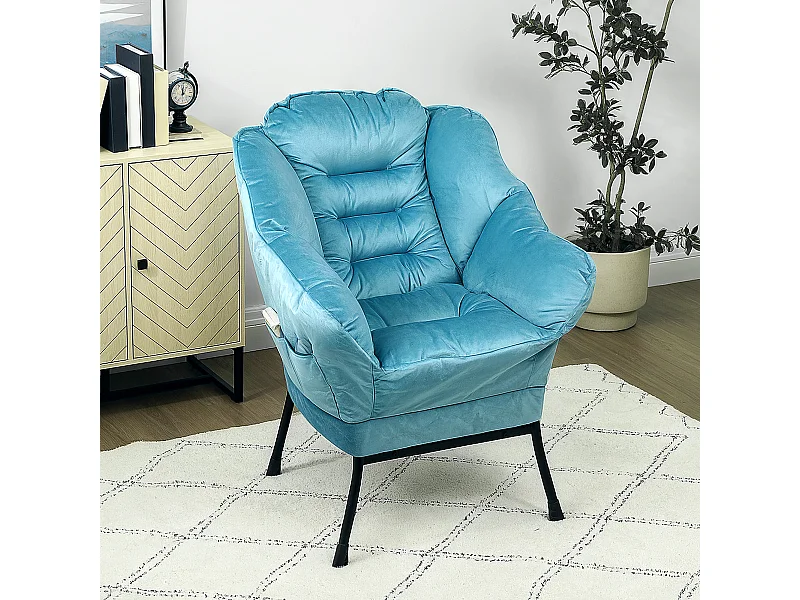 Poltrona de veludo com braços e bolsos laterais para sala de estar quarto azul