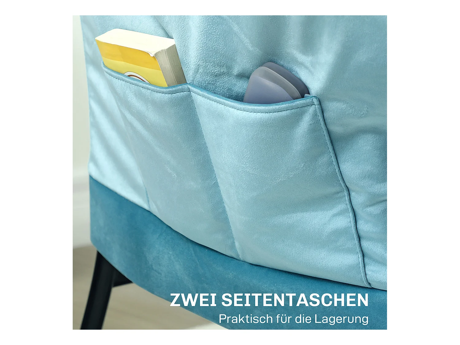 Poltrona de veludo com braços e bolsos laterais para sala de estar quarto azul