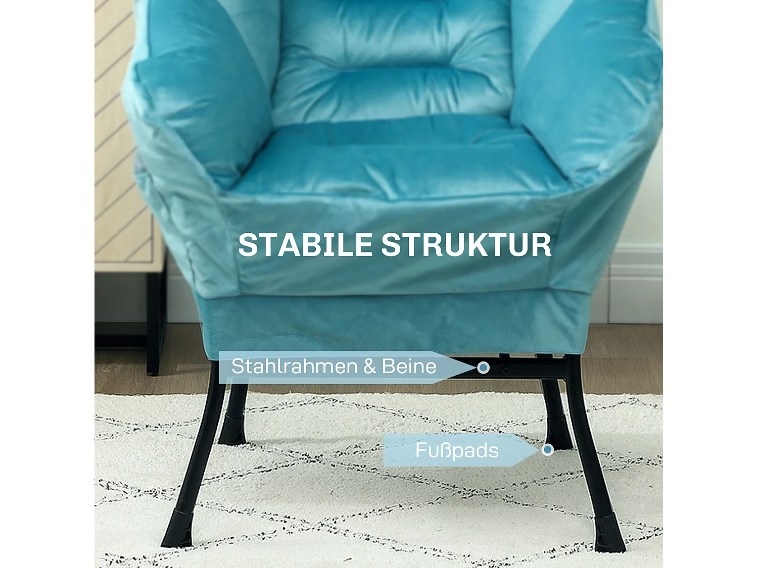 Fauteuil lounge velours avec accoudoirs et poches latérales pour salon chambre bleu