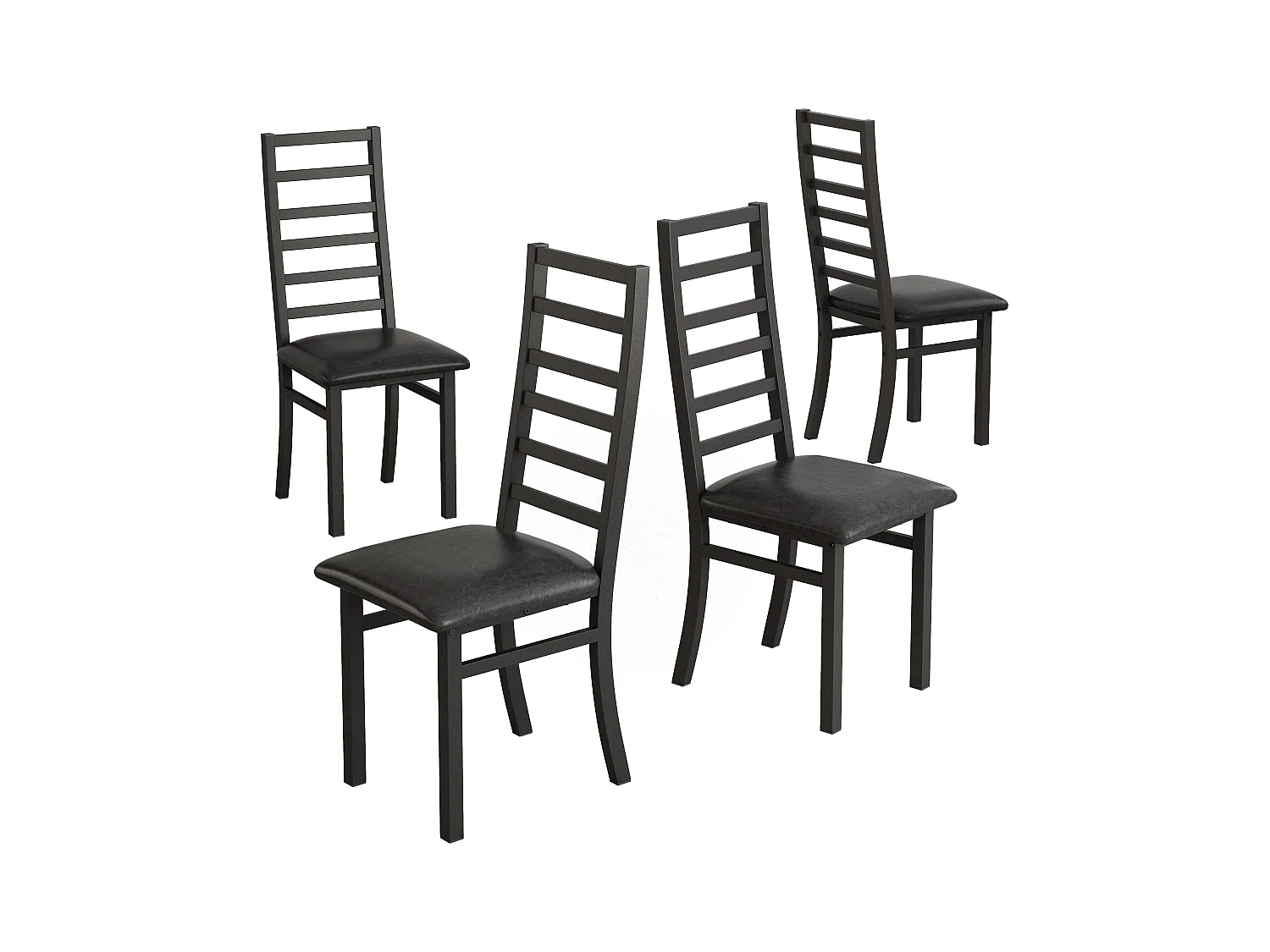 Conjunto de 4 cadeiras de jantar em metal e couro sintético, encosto alto, sem braços, preto