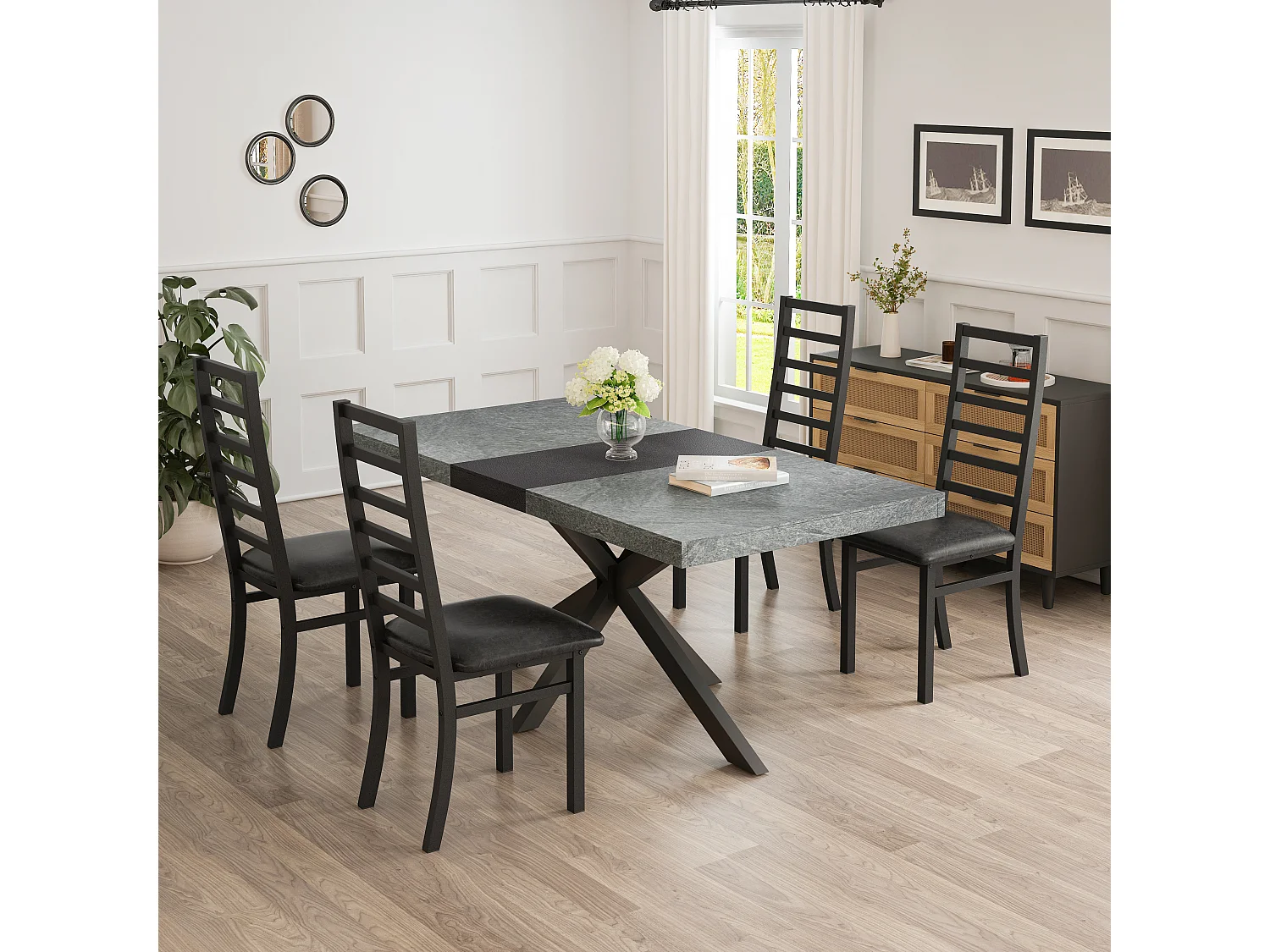 Chaises salle à manger lot de 4 en métal et simili cuir chaise dossier haut sans accoudoirs Noir