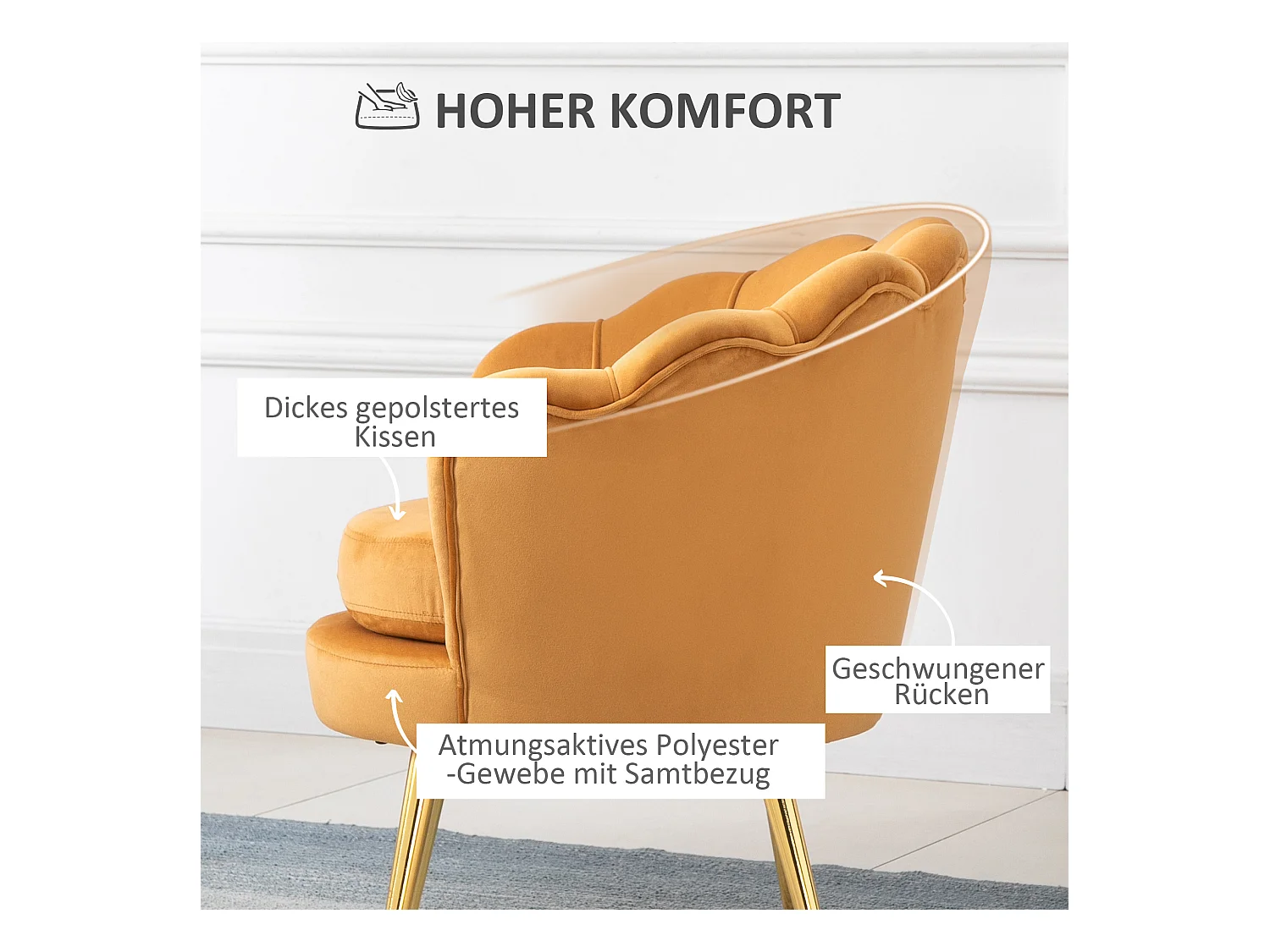 Fauteuil coquillage in velours con dossier lotus e piedini in metallo per salone da camera giallo