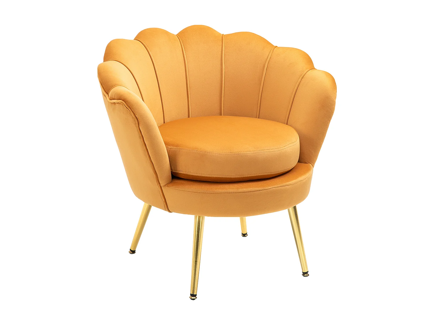 Fauteuil coquillage en velours avec dossier lotus et pieds métal pour salon chambre jaune