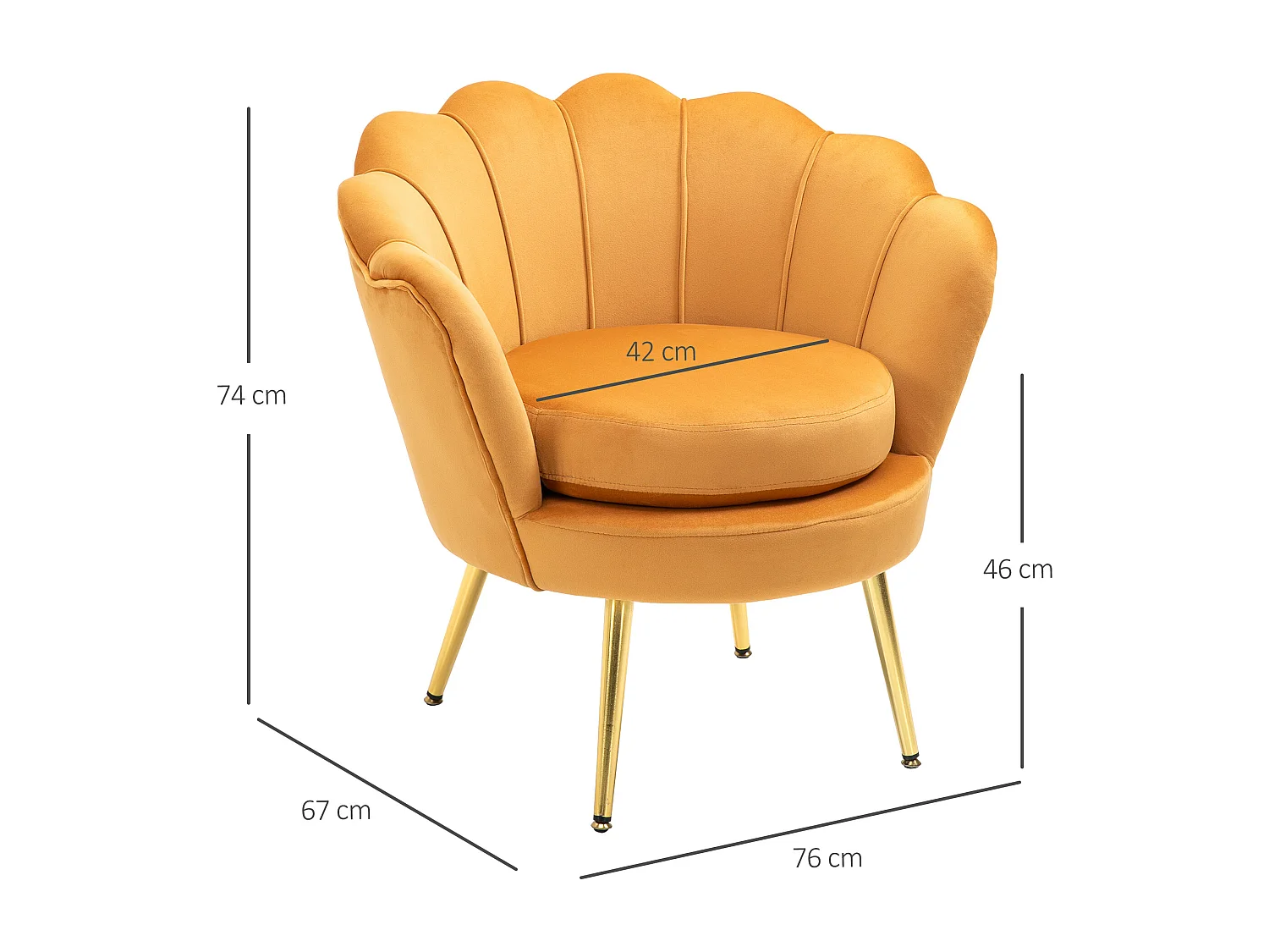 Fauteuil coquillage en velours avec dossier lotus et pieds métal pour salon chambre jaune