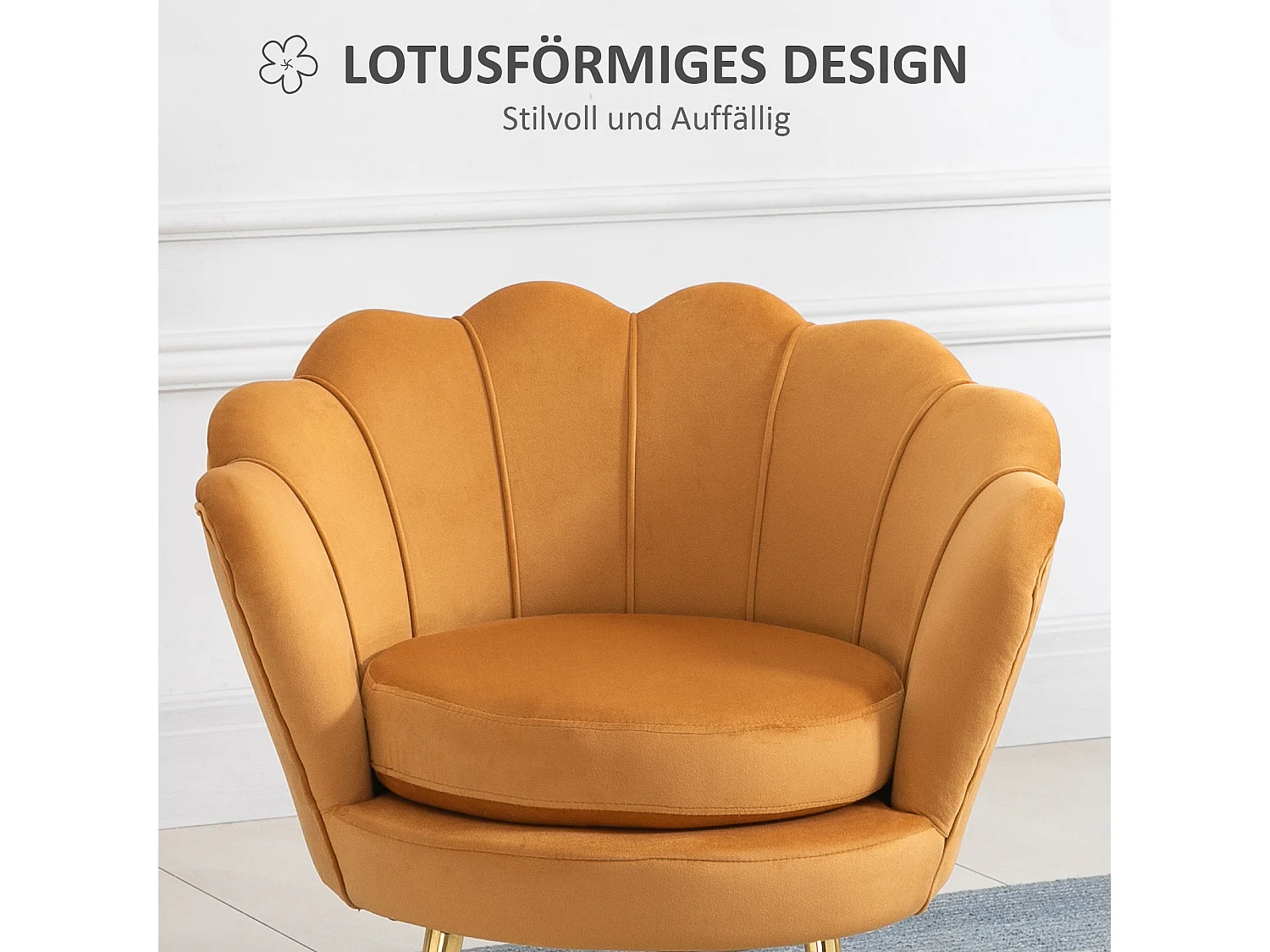 Fauteuil coquillage en velours avec dossier lotus et pieds métal pour salon chambre jaune
