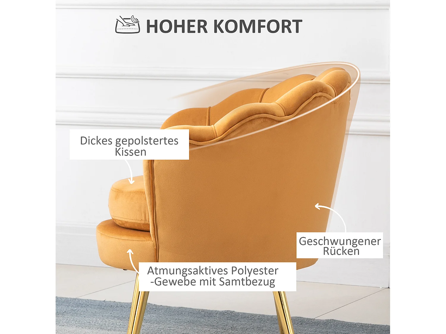 Fauteuil coquillage en velours avec dossier lotus et pieds métal pour salon chambre jaune