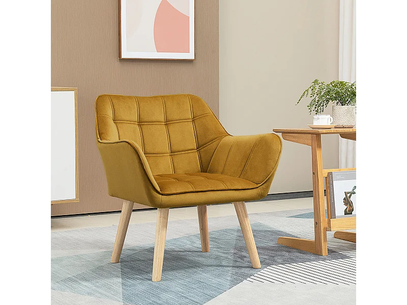 Sillón escandinavo de terciopelo de poliéster con patas de madera para sala de estar y dormitorio en amarillo.