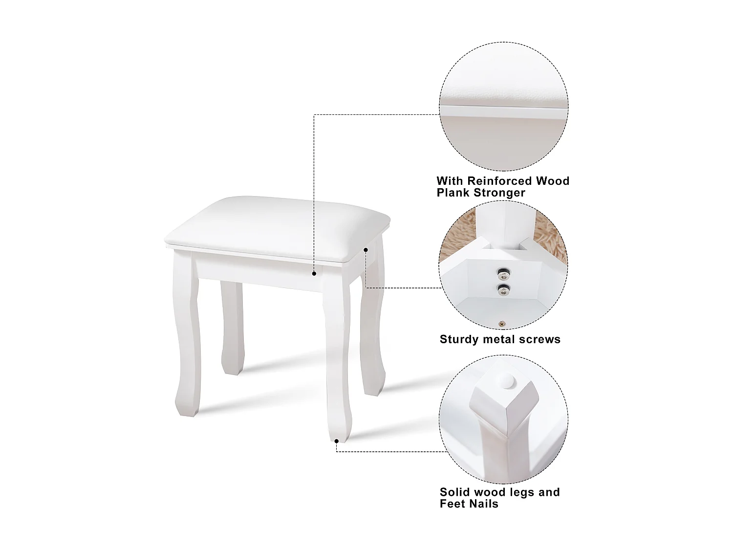 Tabouret carré maquillage in PU e cotone ad alta elasticità per la camera da letto del salone, sala da bagno bianco