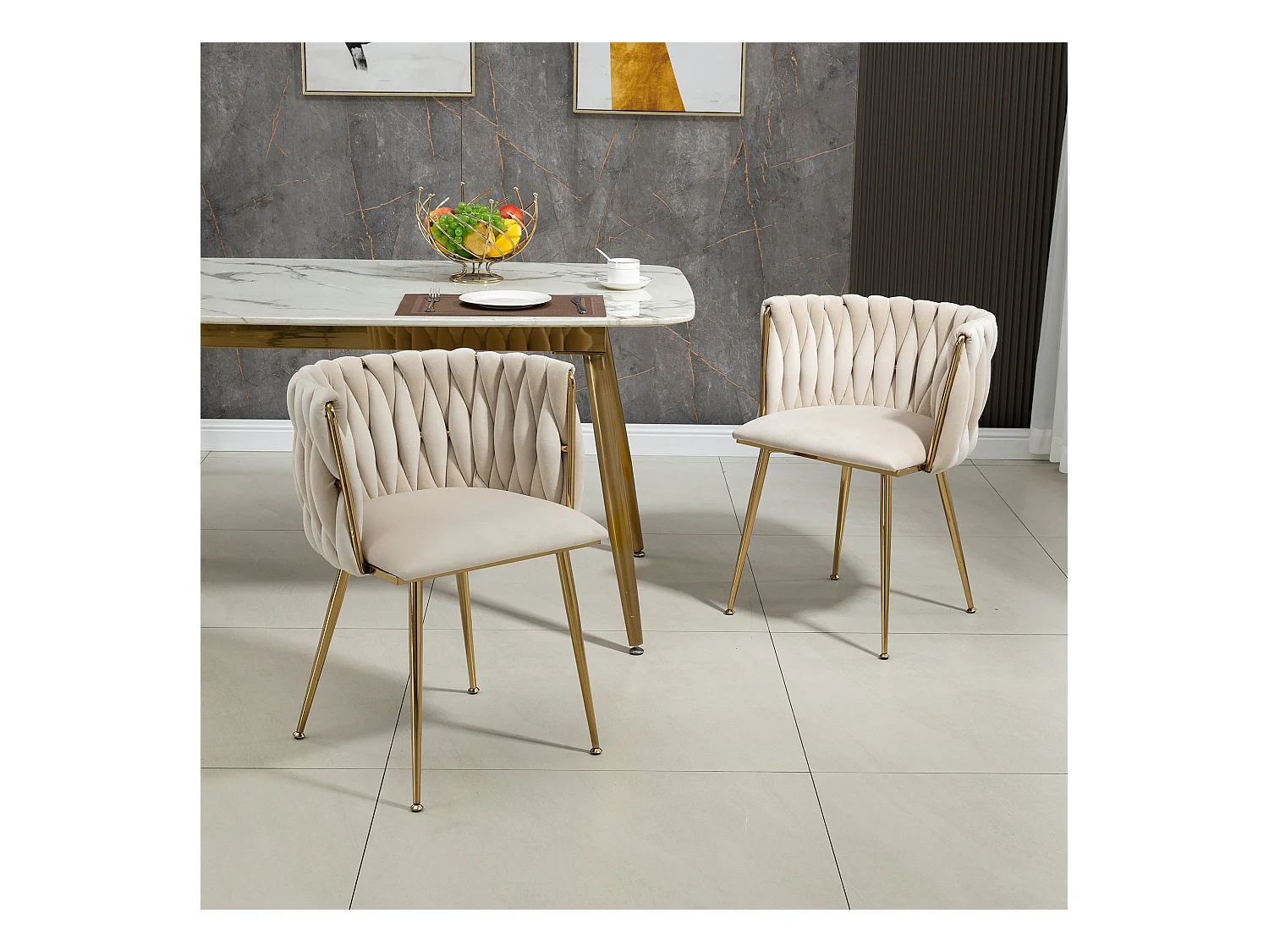Cadeira de jantar de veludo com encosto trançado e assento confortável, pernas de metal dourado, 2 peças