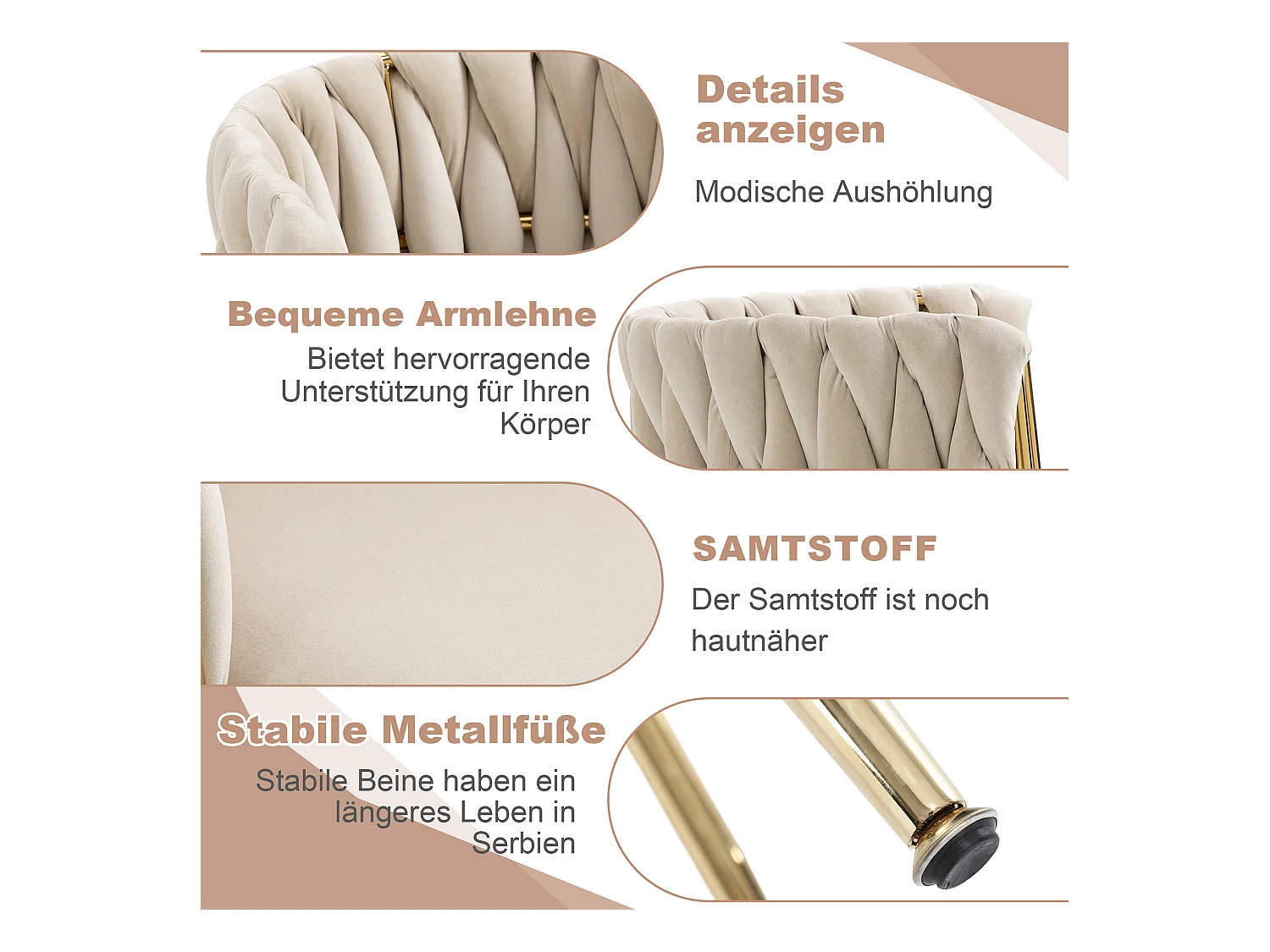 Cadeira de jantar de veludo com encosto trançado e assento confortável, pernas de metal dourado, 2 peças