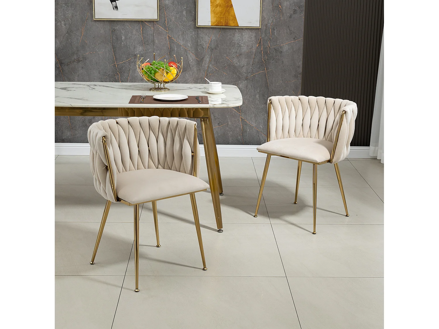 Cadeira de jantar de veludo com encosto trançado e assento confortável, pernas de metal dourado, 2 peças