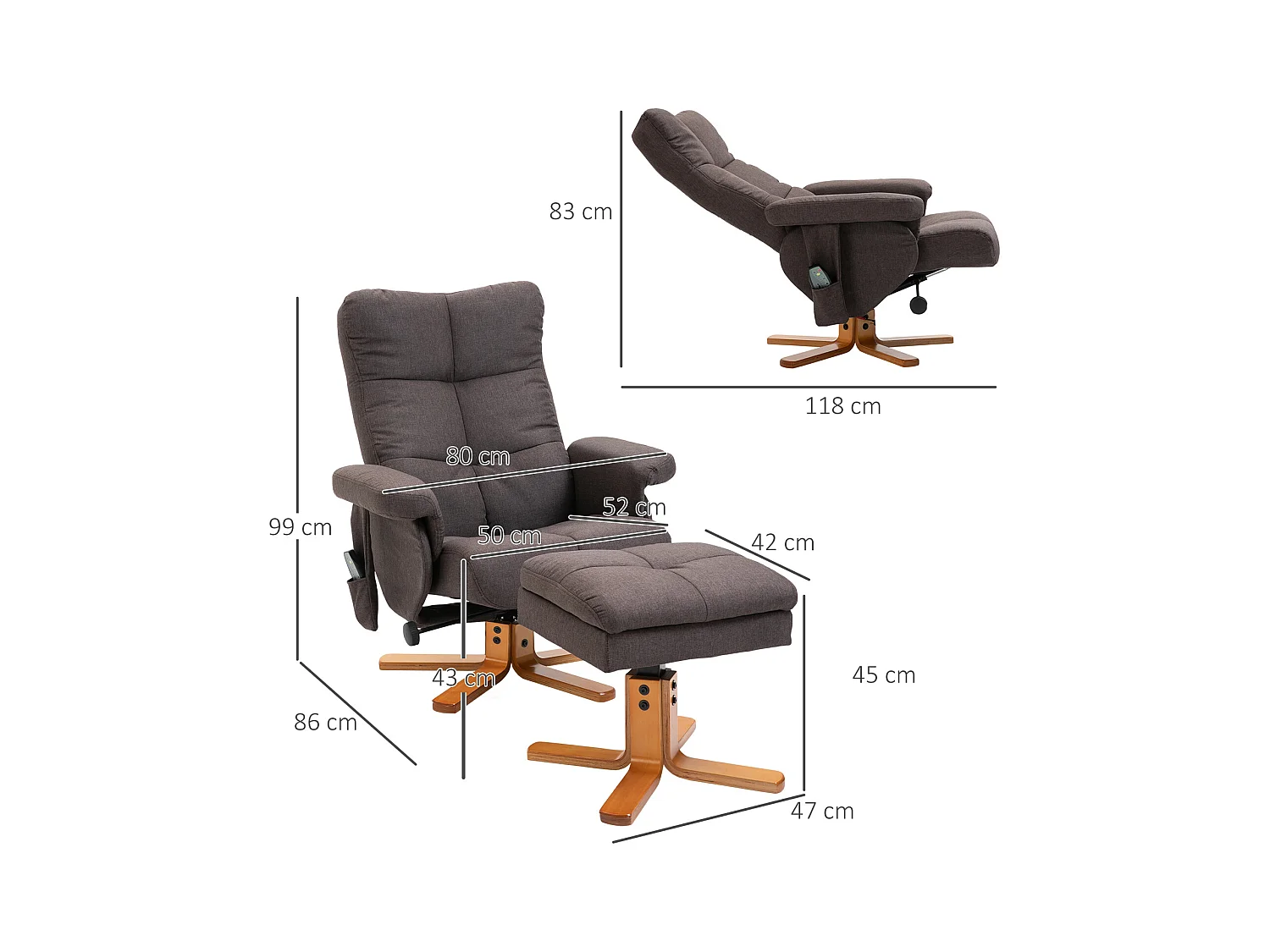Fauteuil relax massant 360° con ottomane poliestere inclinabile 145° salon chambre brun 80x86x99 cm